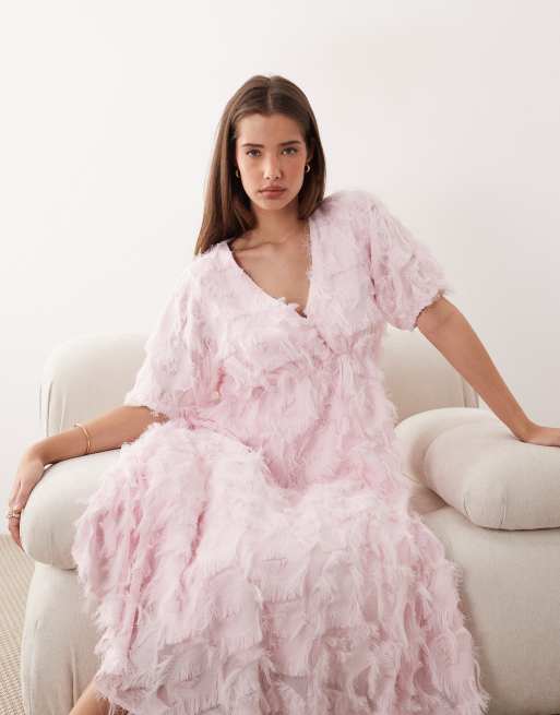 YAS - Vestito midi testurizzato rosa ballerina con scollo a V, 2 di 4