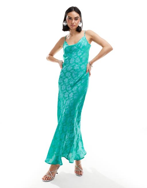 Y.A.S - Vestito midi verde-azzurro in raso jacquard a fiori con spalline sottili e scollo ad anello