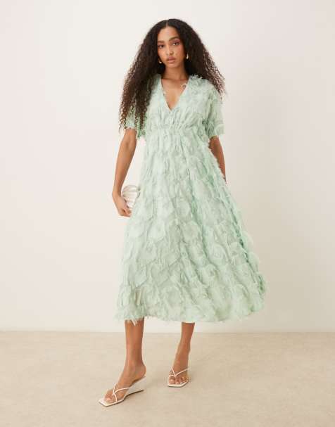 YAS - Vestito midi verde nebbia testurizzato con scollo a V - view 1