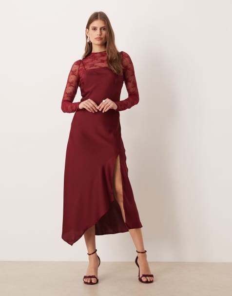YAS - Vestito sottoveste ibrido in raso con top accollato in pizzo color rosso Cabernet - view 1