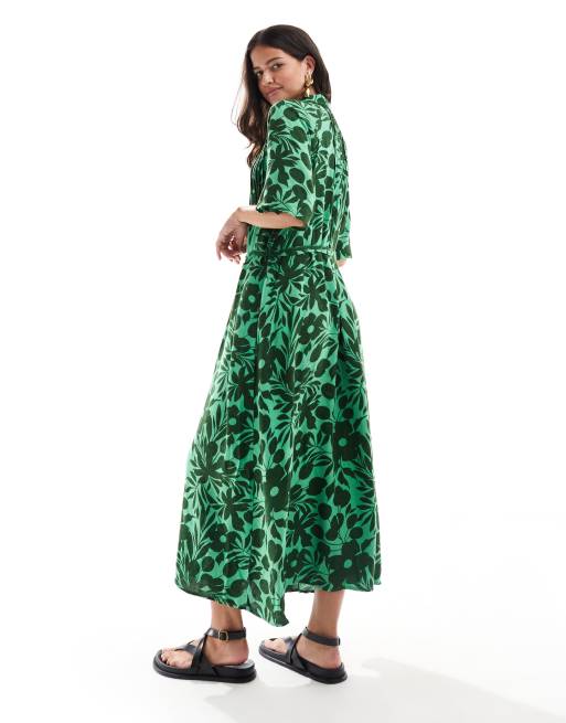 YAS - Vestito T-shirt midi verde a fiori con cintura, 2 di 4