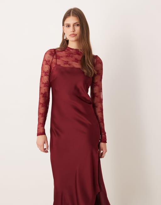 YAS - Vinrød hybrid-kjole med høj hals, blondetop og slip-snit i satin, 3 af 4