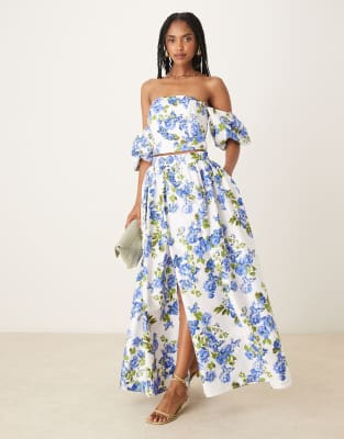 volume midi skirt in blue and white floral - part of a set