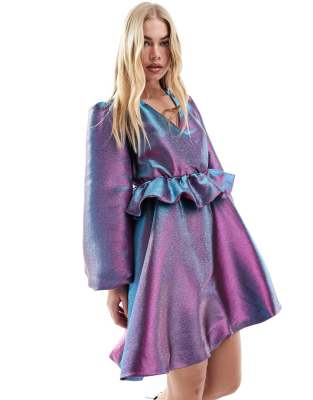 Y.A.S volume mini dress with frill detail in metallic purple