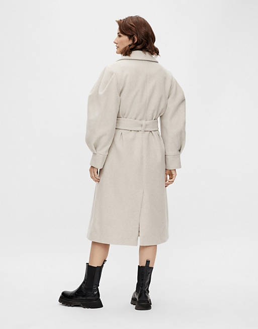 Women YAS volume sleeve belted coat in stone 