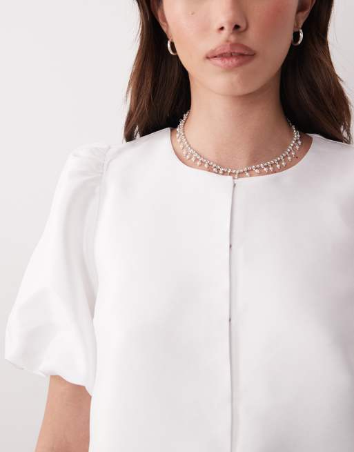 YAS volume sleeve clasp front woven top in gardenia white, 3 of 4