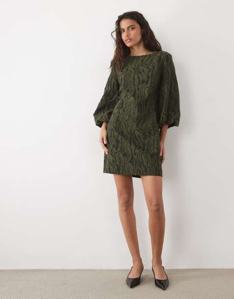 YAS volume sleeve slash neck jacquard mini dress in dark olive - view 1