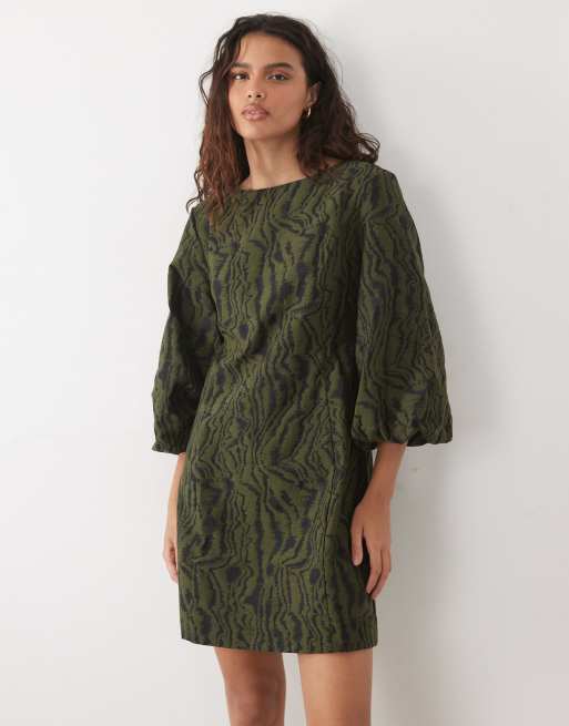 YAS volume sleeve slash neck jacquard mini dress in dark olive, 2 of 4