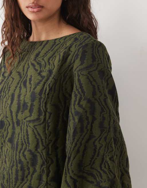 YAS volume sleeve slash neck jacquard mini dress in dark olive, 3 of 4