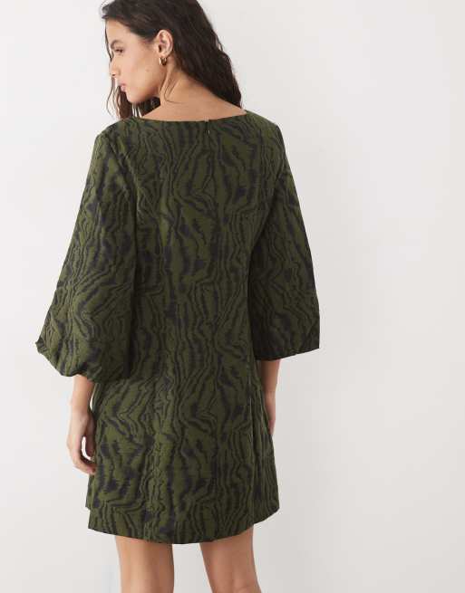 YAS volume sleeve slash neck jacquard mini dress in dark olive, 4 of 4