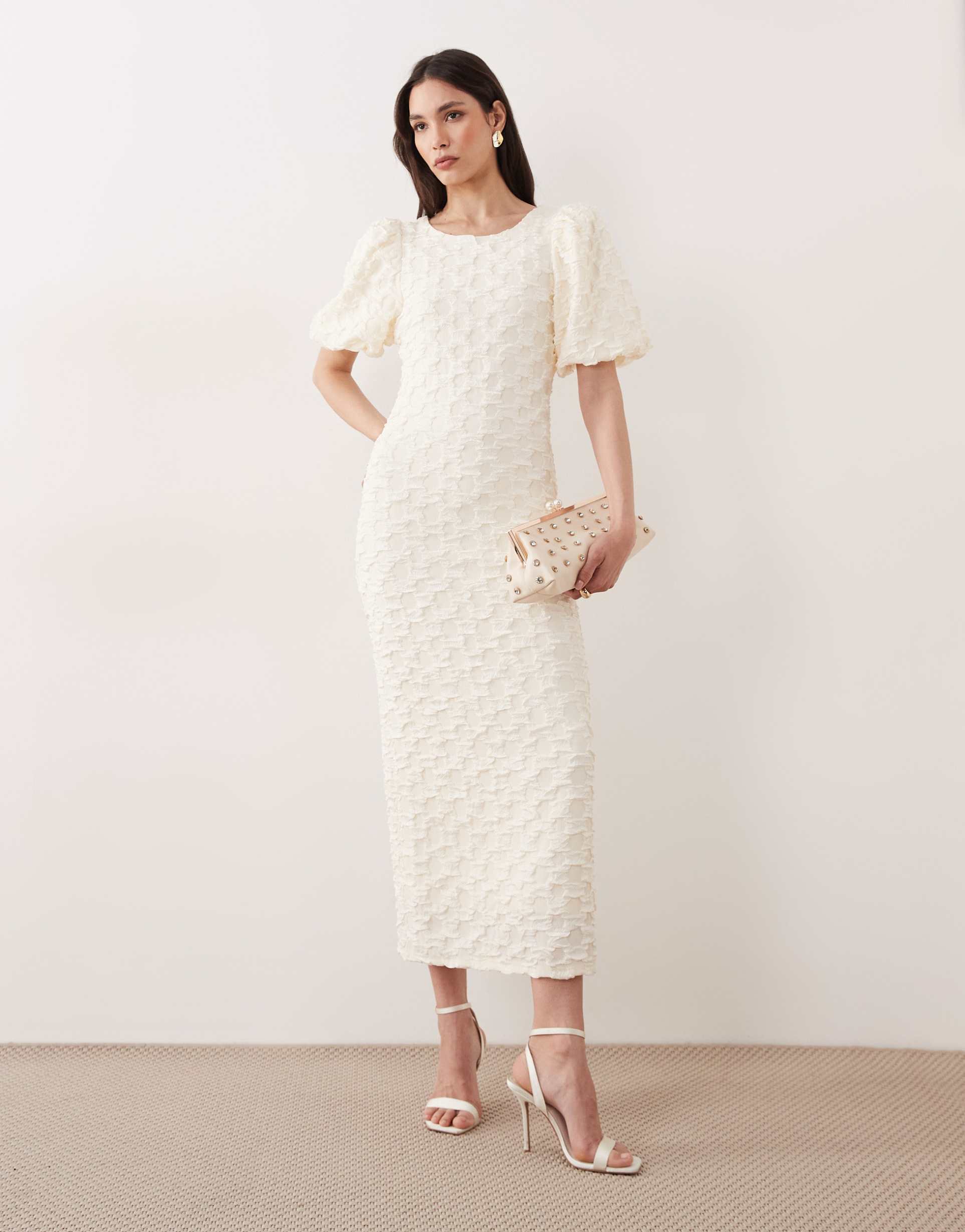 yas volume sleeve textured maxi dress in gardenia white