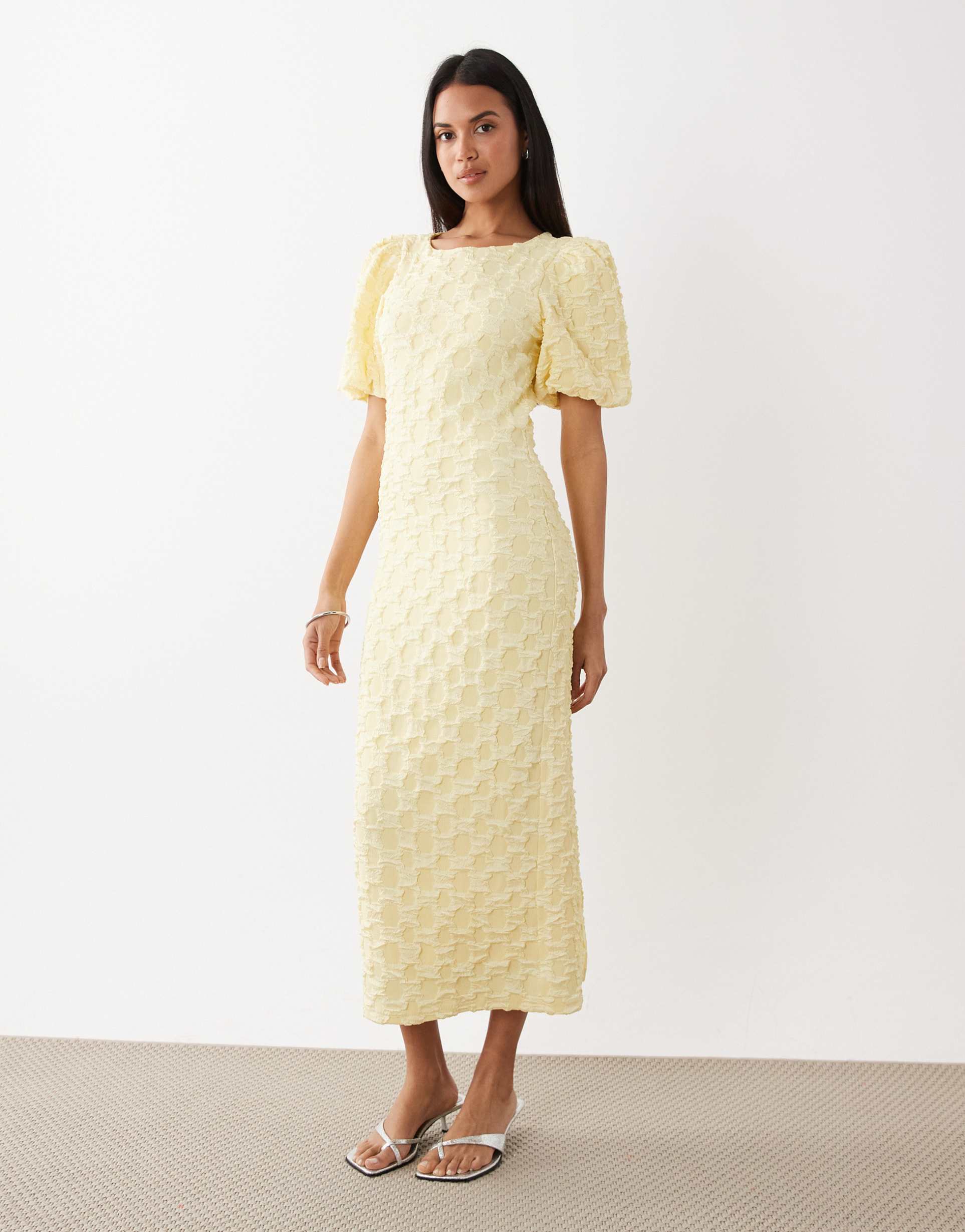 yas volume sleeve textured maxi dress in pale yellow