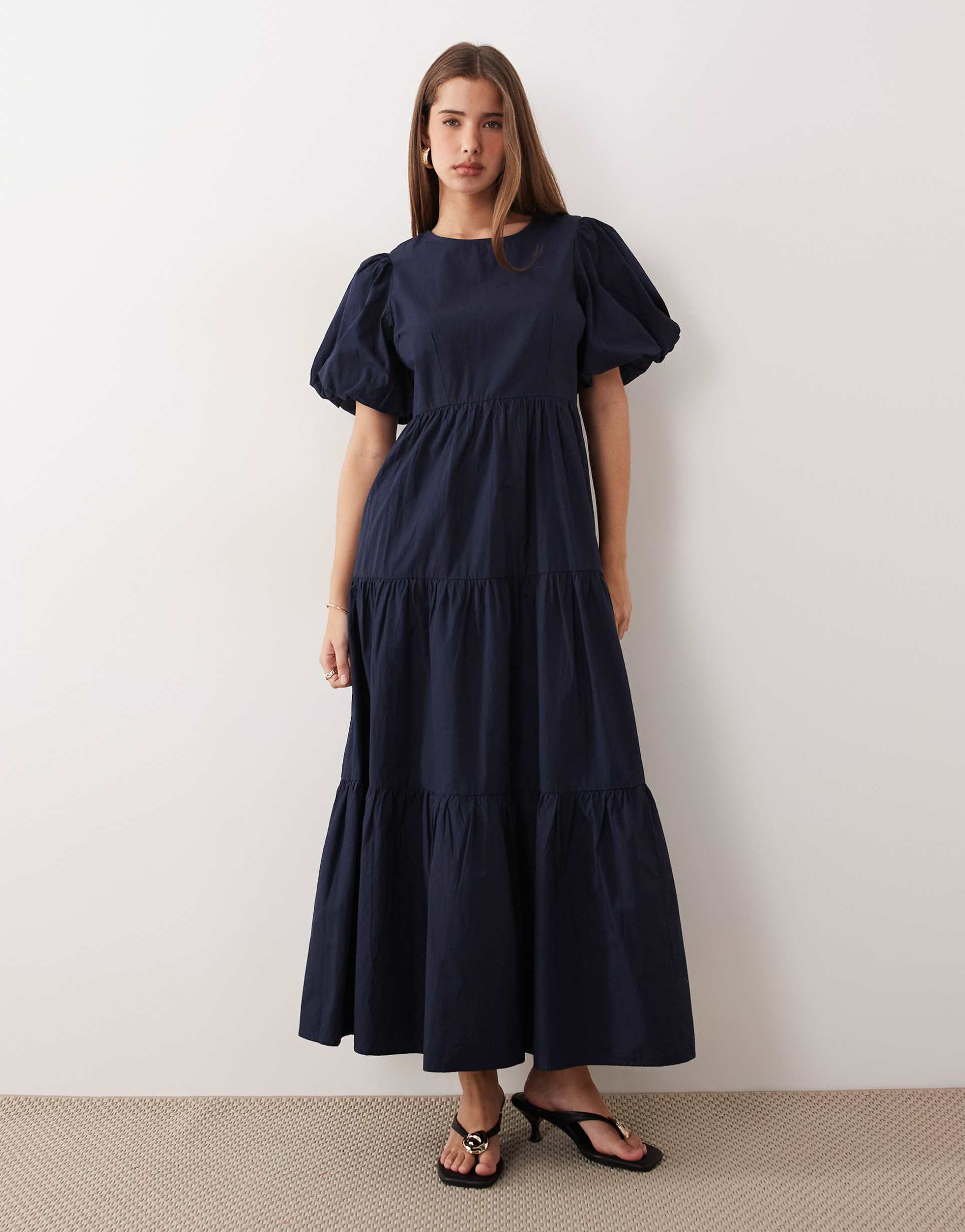 yas volume sleeve tiered cotton maxi dress in navy