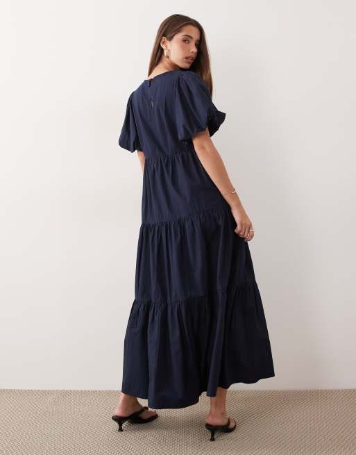 YAS volume sleeve tiered cotton maxi dress in navy, 3 of 4