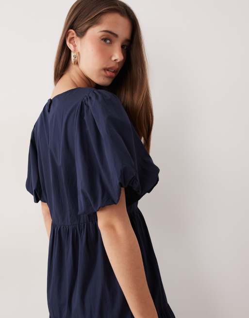 YAS volume sleeve tiered cotton maxi dress in navy, 4 of 4