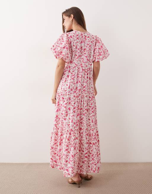 YAS volume sleeve tiered cotton maxi dress in pink floral print, 3 of 4