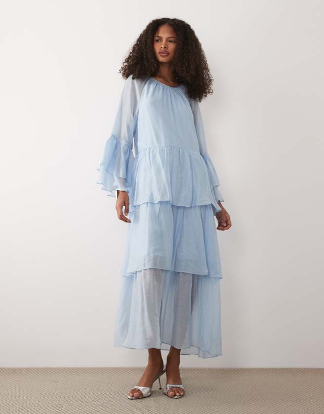 boho blue maxi dress YAS volume tiered in skyway braided details ECONYL A Line V Neck Size:50/4XL