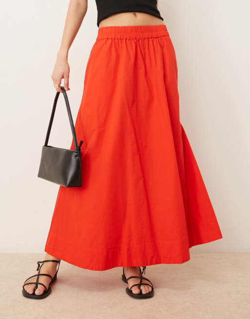 YAS - Volumineuze maxi rok van katoenen poplin in rood, 2 van 5