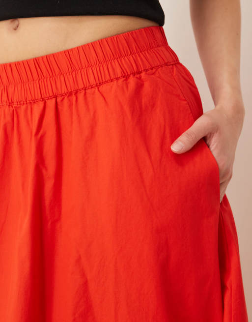YAS - Volumineuze maxi rok van katoenen poplin in rood, 4 van 5