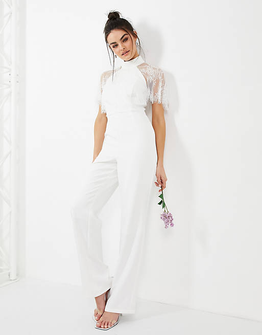 Y.A.S Wedding jumpsuit with halterneck and lace detail in white