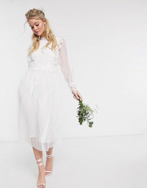 Y.A.S wedding midi dress with sheer sleeves in white
