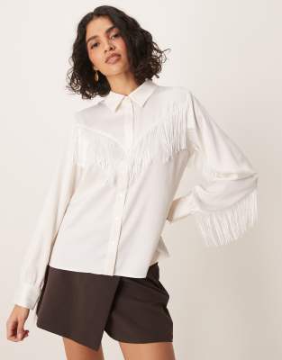 western fringed detail shirt in cream-White