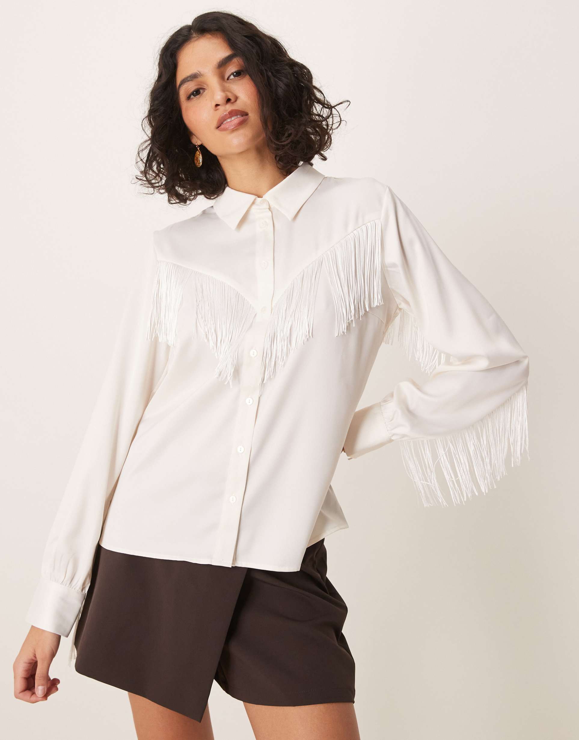 yas western fringed detail shirt in cream