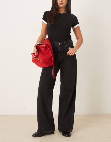 YAS wide leg jeans with buckle waist adjusters in dark gray wash - view 1