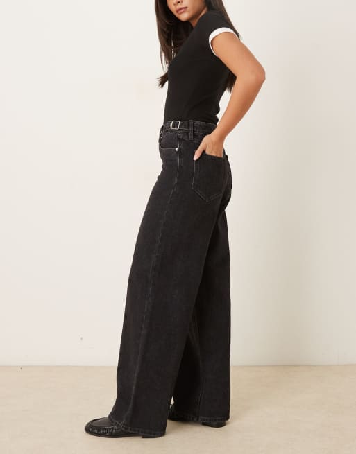 YAS wide leg jeans with buckle waist adjusters in dark grey wash, 3 of 5