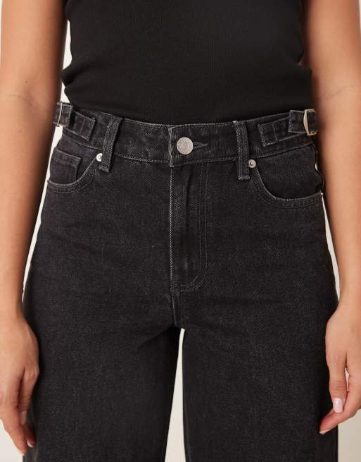 YAS wide leg jeans with buckle waist adjusters in dark grey wash, 5 of 5