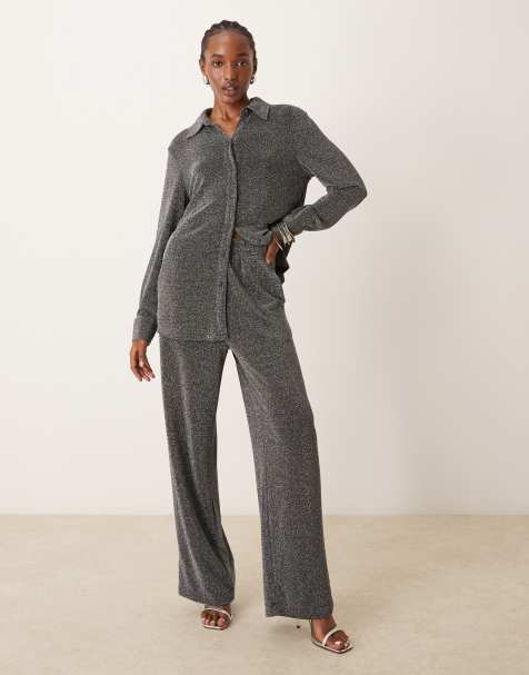 YAS wide leg pants in black glitter - part of a set - view 1