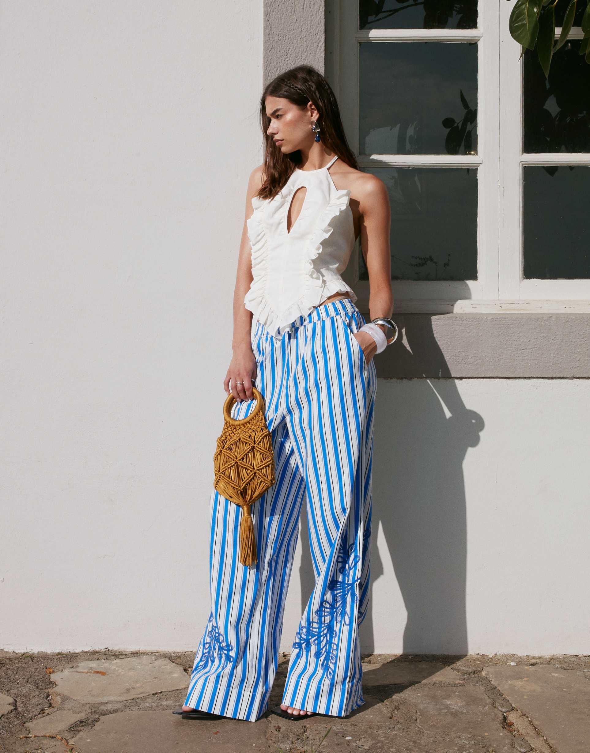 yas wide leg resort pants with premium floral embroidered details in blue stripe