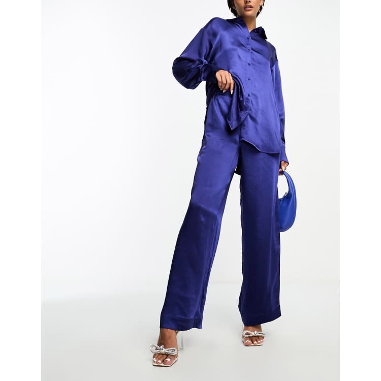 パンツ A FERRETTI Navy blue satin wide-leg pant SATIN WIDE LEG PANTS - Navy blue | ZARA United States