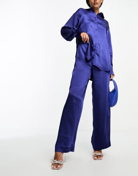 Y.A.S wide leg satin trouser co-ord in blue 