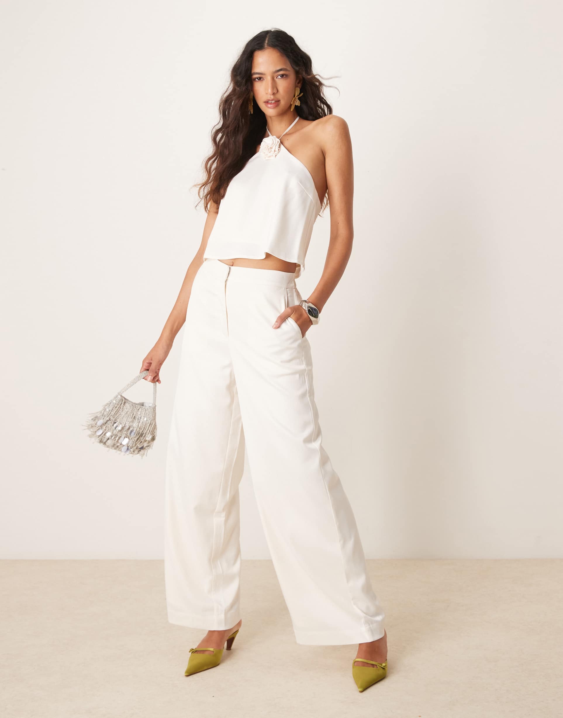 yas wide leg satin pants in gardenia white - part of a set