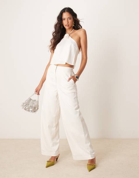 YAS wide leg satin trouser co-ord in gardenia white