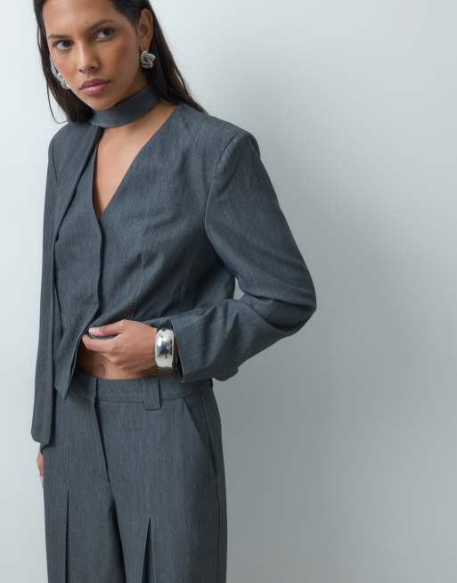 YAS wide leg tailored trouser co-ord with extreme pleats in grey, 3 of 5