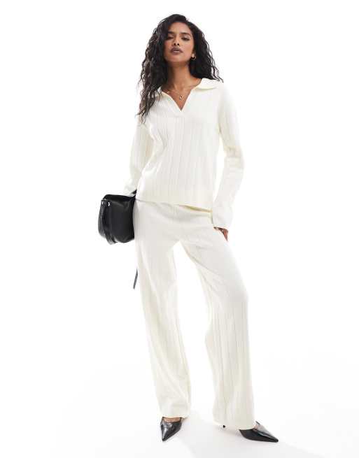Y.A.S wide rib knit top and pants set in cream