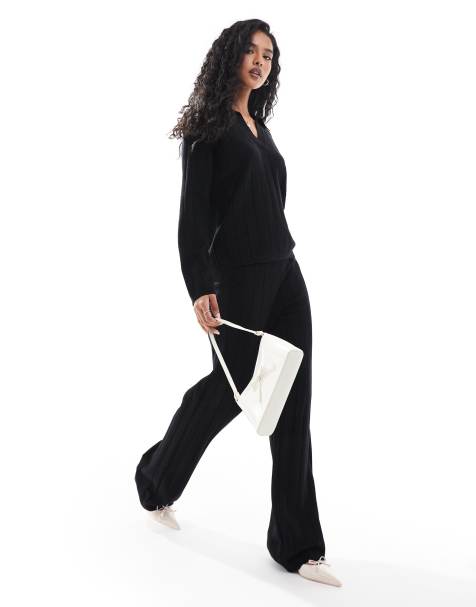 Y.A.S wide rib knitted jumper with open polo neck and pants set in black - view 1