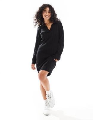 wide rib knitted midi dress with open polo neck in black