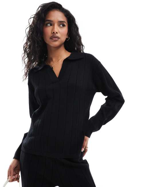 YAS wide rib knitted sweater with open polo neck in black - part of a set