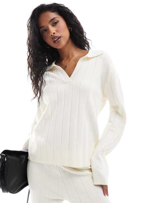 YAS wide rib knitted sweater with open polo neck in cream - part of a set