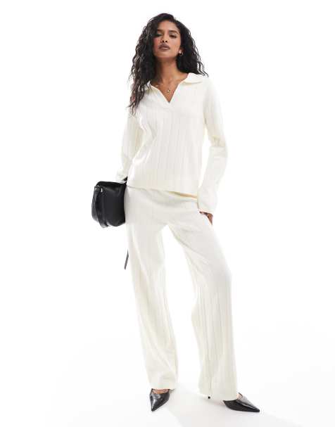 Y.A.S wide rib knitted top and trouser co-ord in cream - view 1