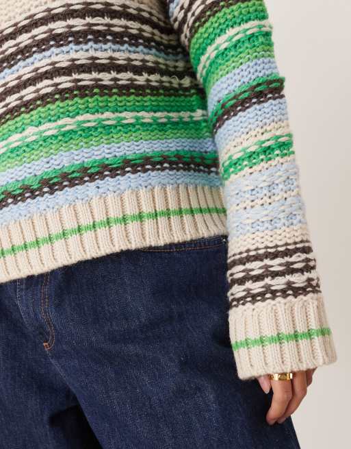 YAS wool mix knitted jumper in green and brown stripe, 2 of 4
