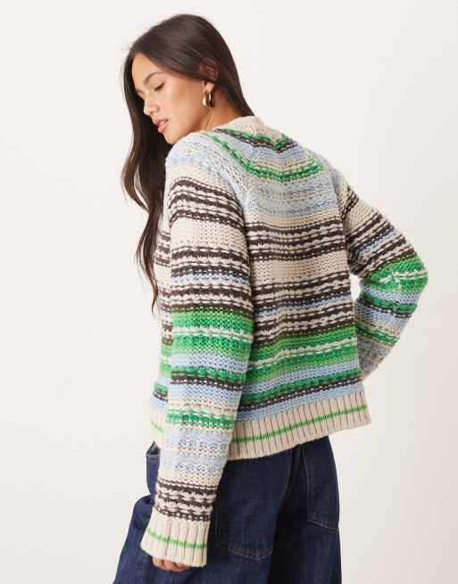 YAS wool mix knitted jumper in green and brown stripe, 3 of 4