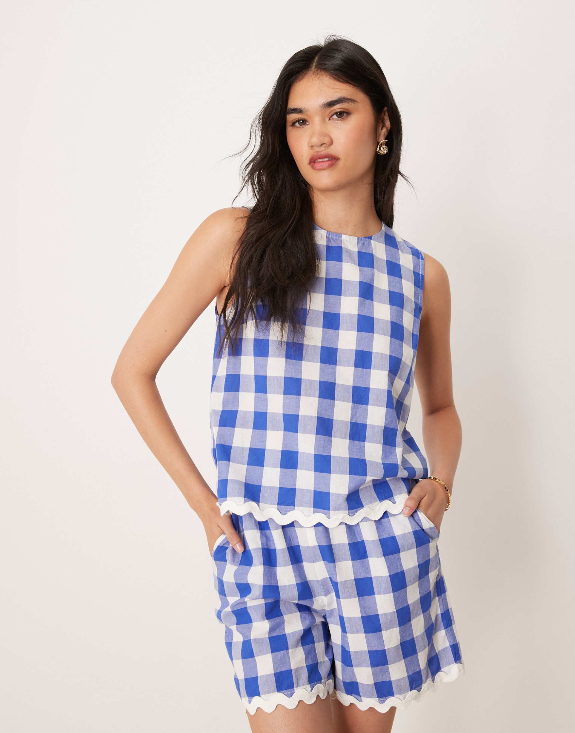 yas woven gingham top with scallop trims in blue and white - part of a set
