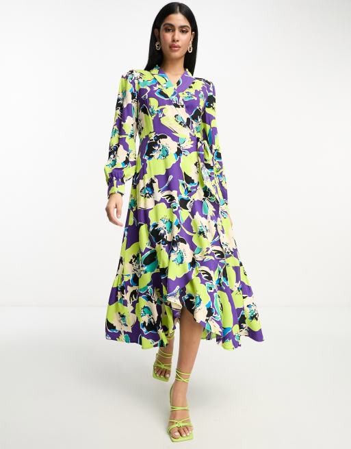 Y.A.S wrap collared midi dress in purple and lime abstract pansy print ...