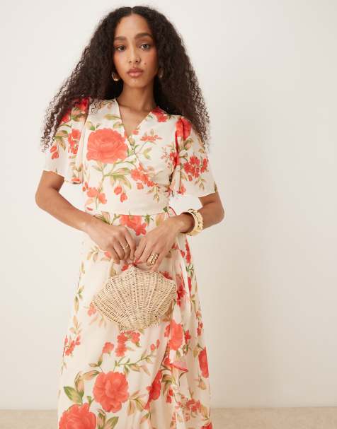 YAS wrap front fluted sleeve chiffon maxi dress in cream rose print - view 1