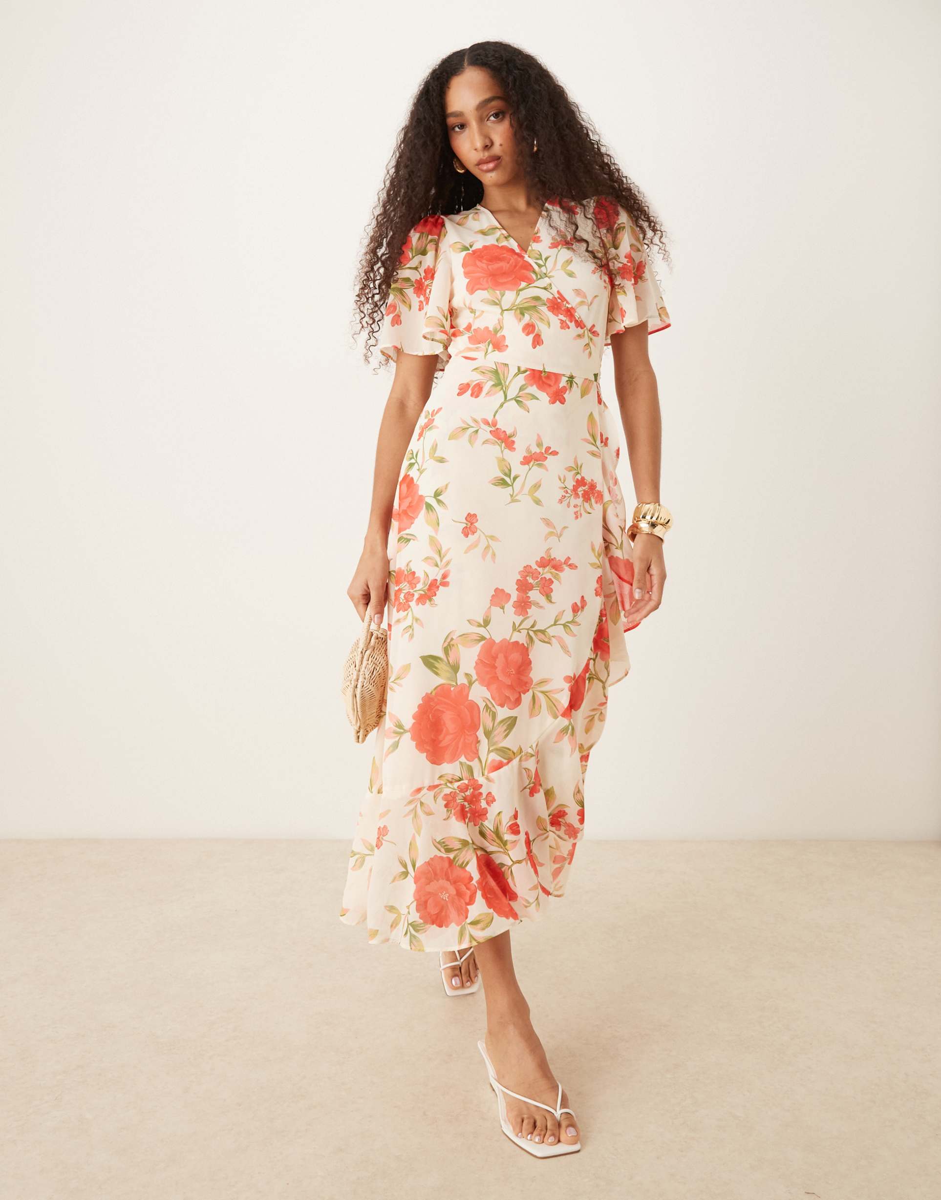 yas wrap front fluted sleeve chiffon maxi dress in cream rose print