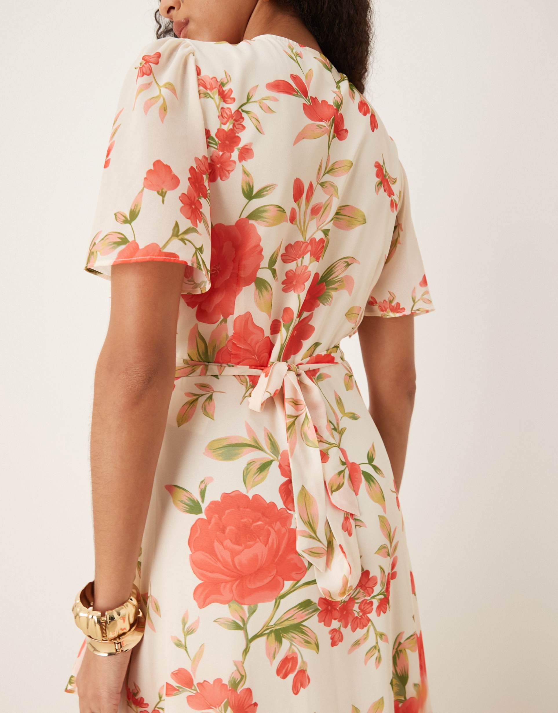 yas wrap front fluted sleeve chiffon maxi dress in cream rose print